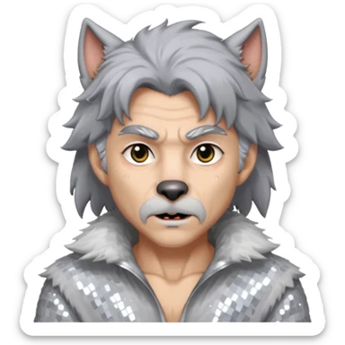 The Werewolf with grey hair and fur, white sequin outfit sticker