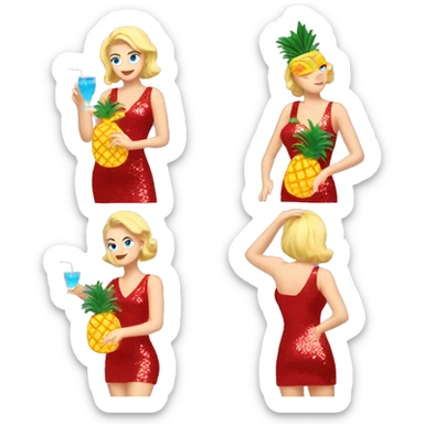 blonde white woman with blue eyes dancing in short red sequin dress while drinking pineapple cocktail sticker