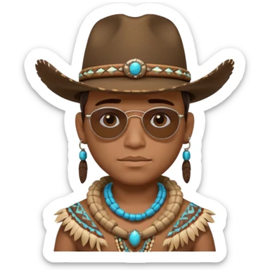 cute Indigenous tribal male portrait, head and shoulders only, cowboy hat, sunglasses, tribal jewelry, confident expression, 3D cartoon, mobile game icon style, clean background, no text, no watermark
 sticker