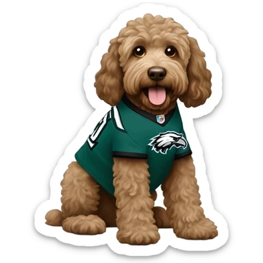 brown Labradoodle wearing a Philadelphia eagles shirt sticker