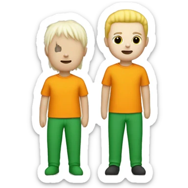 white ragdoll with orange shirt, green pants, and short, yellow hair. No eyes, nose or mouth. No shoes. sticker