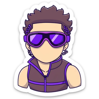close-up of bad guy male athlete with white skin and moderately curly dark brown hair on top with shaved sides, wearing ski goggles with purple frames and very dark black lenses, a simple plain black chain necklace, and a completely unzipped sleeveless vest with purple and black sequin fire pattern design with no logo, with an extremely arrogant sneer on his face, looking menacing and villainous, exuding overconfidence and a threatening aura sticker