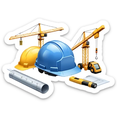 An icon featuring a blueprint, a hard hat, and a measuring tape, symbolizing architecture and construction. The design includes a building silhouette, cranes, and construction tools, representing the planning, design, and building processes. Transparent background. sticker