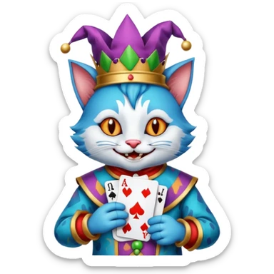 crazy colorful cute little cat jolly joker from poker, medieval, vintage, court jester, mac os icon, blue color, holds poker cards (clearly detailed and precise) sticker