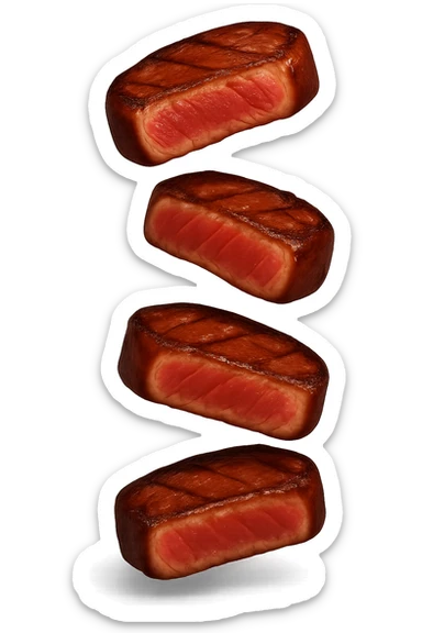 emoji stile iphone in 3d di fette di carne che cadono verticalmente dall'alto, iperrealistico 4k sticker