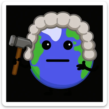 Improve the hammer to look more detailed and add a traditional judge's wig onto the character, keeping the same simple cartoon style as the original image. sticker