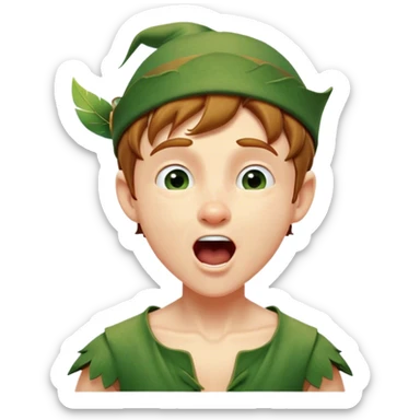 Cinematic Realistic Peter Pan Portrait, head tilted slightly with a dramatic, wide-open yawn, revealing a relaxed yet spirited expression. His detailed tunic and cap, paired with a gentle, ambient glow, capture a tender moment of vulnerability amidst his eternal quest for adventure. sticker