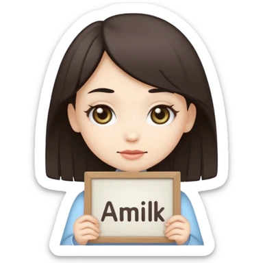 Chibi cult girl emoji, flat vector style, bold outline, holding a sign that says “AMILK” in clear capital letters, centered, simple background sticker