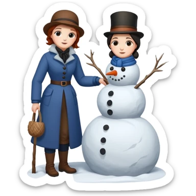  young Virginia Poe and  eldely Maria Clemm  full body building a snowman  1800's sticker