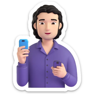 Business professional with black wavy hair, stubble, chiseled face, in casual attire with open collar shirt, relaxed pose with smartphone, warm approachable expression, modern and relatable for social media profile sticker