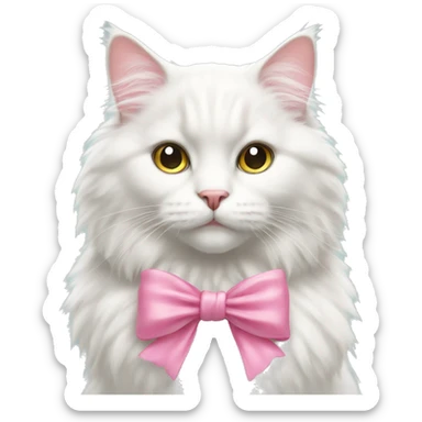 White fluffy cat with a pink bow around its neck sticker