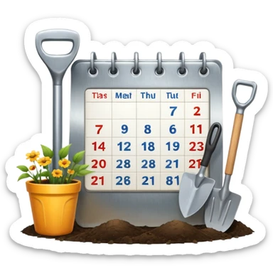 calendar icon with garden tools near. Transparent background sticker