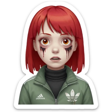 Crie um emoji de uma menina com o cabelo vermelho com uma franja reta zumbi casaco de gola alta da adidas sticker