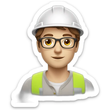 Engineer, white hard hat, light fair skin tone, Brown Hair , glasses, square fae sticker
