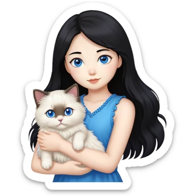 Asian girl with black hair holding a fluffy ragdoll cat with blue eyes and colorpoint fur sticker