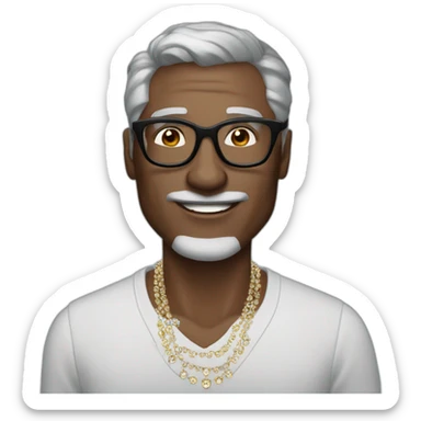 man with gray hair and dark dolce gabanna glasses with a diamond necklace that says jd sticker