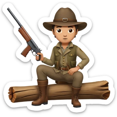 male hunter sitting on a log with gun, alert expression sticker