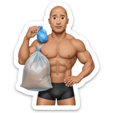 Dwayne the rock Johnson in speedo holding trash bags sticker