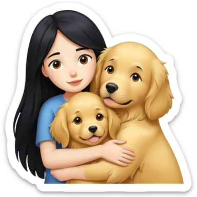 A girl with long black  hair tightly hugged a Golden Retriever sticker