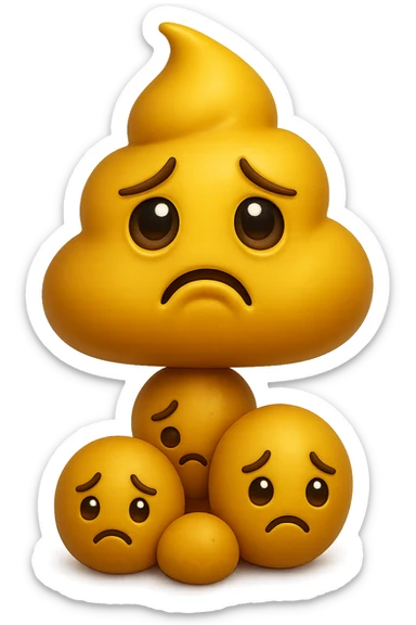 emoji stile iphone di una cacca giallina e liquida con espressione triste, sopra una montagnetta di feci a palline con espressione triste, iperrealistico 4k sticker