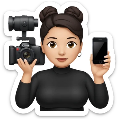 middle aged, latina plump woman photographer with dark hair, slicked back in a bun, wearing black clothes, carrying a canon r5, and an iPhone on a gimbal sticker