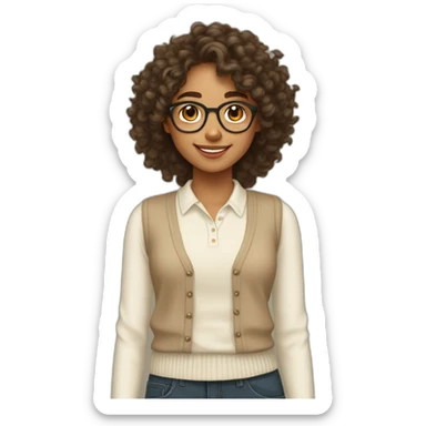 smiling indian teenage girl with curly hair and glasses wearing a collared long sleeve white shirt under a beige v shaped collar sweatervest sticker