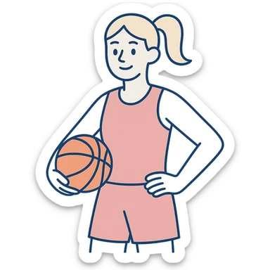 blonde white female basketball player wearing pastel pink basketball uniform holding orange basketball on hip smiling clean modern illustration style no text sticker