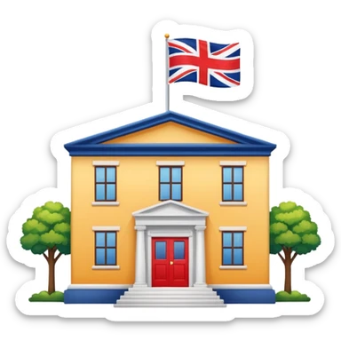small academic building representing an English institute, British flag, English books, bright colors sticker