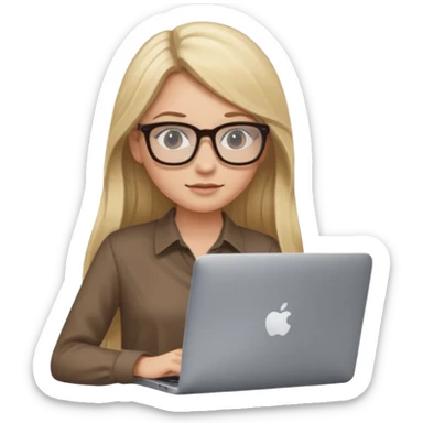 Girl in glasses, blonde long hair, brown blouse, sitting with gray MacBook sticker