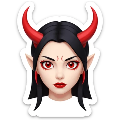 Head demon girl, strong pronounced cheekbones, sharp angular jawline, skin red everywhere, long straight sleek black hair, small horns sticker