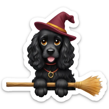 black cocker spaniel on a broomstick sticker