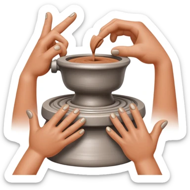 hands pressing clay sidewalls down onto a silver pottery wheel with fingers and thumbs to attach it sticker