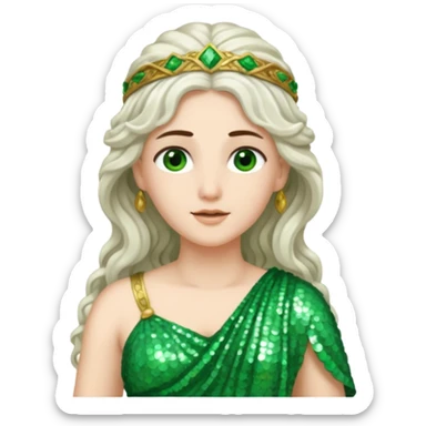 Juno, Goddess of Marriage from Roman Deities with long white brunette wavy hair, green sequin toga sticker