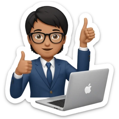 un estudiante con lentes y su laptop CON TERNO Y CABELLO NEGRO,   DANDO LIKE sticker