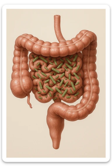 intestino umano anatomico in salute con batteri intestinali, sfondo chiaro neutro, IPERREALISTICA 4K sticker