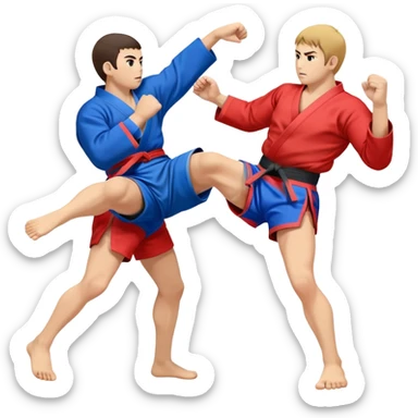 An icon symbolizing Sambo, featuring two fighters in blue and red kimonos with shorts and wrestling shoes. One executes a powerful throw, while the other attempts a defensive grab. The fighters are engaged in a grapple, using joint locks and sweeps.  sticker