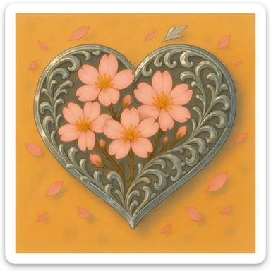 Make the silver accents and details absolutely dominant and overwhelming on the heart with sakura, ghibli style. sticker