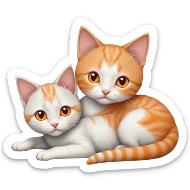 full body of very small + skinny ginger and white kitten with deep orange eyes and triangular shaped face lying down cuddling a grey and white kitten who is a bit bigger than him sticker