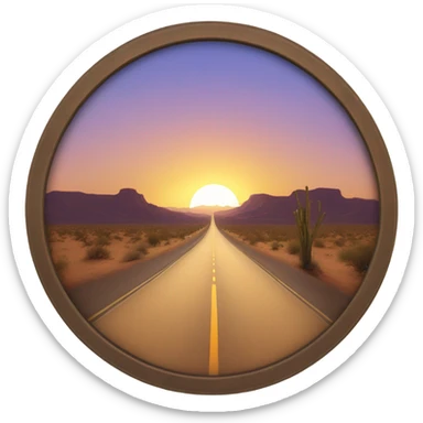 Desert road leading to a sunset in round frame  sticker