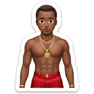 P Diddy with dark brown hair, metallic red pants, shirtless with necklace sticker