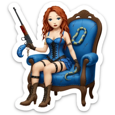 realistic cinematic Tori Amos sits on a rocking chair in a torn corset, holding an antique rifle and her bare feet are muddy. A blue snake is wrapped around the chair. sticker