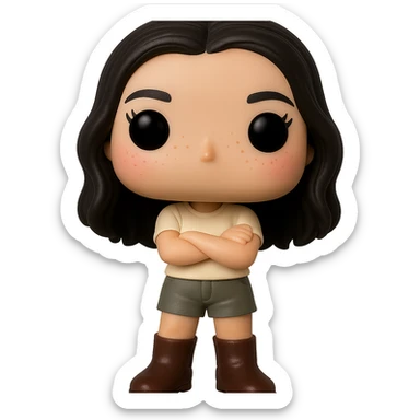 Edit the image into a Funko Pop style vinyl figure with realistic details. The figure should have no mouth, cream-colored top, grey bottoms, dark brown boots, and arms crossed. Add slightly rosy cheeks, very light freckles, and a mischievous and cheerful expression. The figure has dark hair. Remove the background to make it transparent. sticker