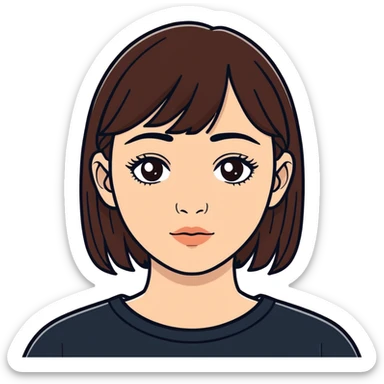 person with a fringe and dark brown hair. freckles brown eyes and a small upturned nose, average lips sticker