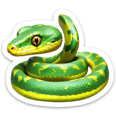 cinematic-green tree python-realistic-full-body-coiled-emoji,-thick-scaled-body-looped-tightly,-intricate-tellow and green-patterned-scales-reflecting-light,-head-tilted-dramatically,-cute-eyes-staring-calmly,-simplified-yet-realistic-focused-feature sticker
