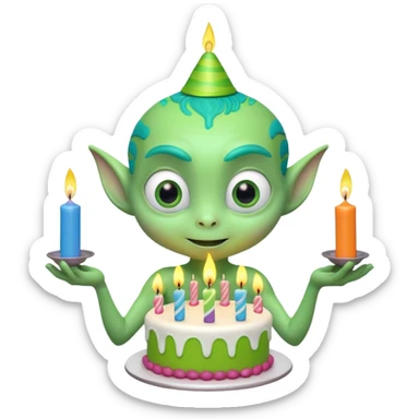 A cute friendly alien holding a birthday cake with candles, big expressive eyes, bright colors, cartoon style, playful atmosphere, 3D animated look, Pixar-inspired, highly detailed
 sticker