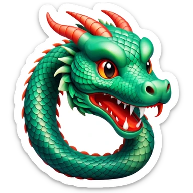 Cinematic Cute Chinese Serpent Dragon Portrait Emoji, Head tilted playfully and inquisitively, showcasing a slender, flowing body with vibrant jade scales and soft vermilion accents intertwined with whimsical wisps of cloud and water details; rendered with realistic finesse and warm natural light, high shine, charming and spirited, styled with a touch of mythic whimsy, soft glowing outline, capturing the essence of a mischievous yet endearing celestial dragon poised to weave magic into your dreams! sticker