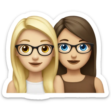 Blonde girl with blue eyes and glasses hugging brunette girl with brown eyes and no glasses both white sticker