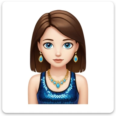 A woman with smooth brown hair with white skin and blue eyes, she has a black sequined tank top and golden jewelry sticker