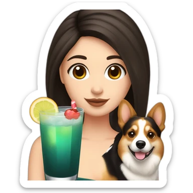 a white girl with dark hair holding a corgi and a cocktail sticker