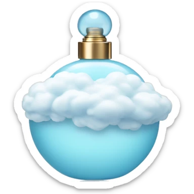 light blue round perfume bottle with large white cloud decoration at its base sticker